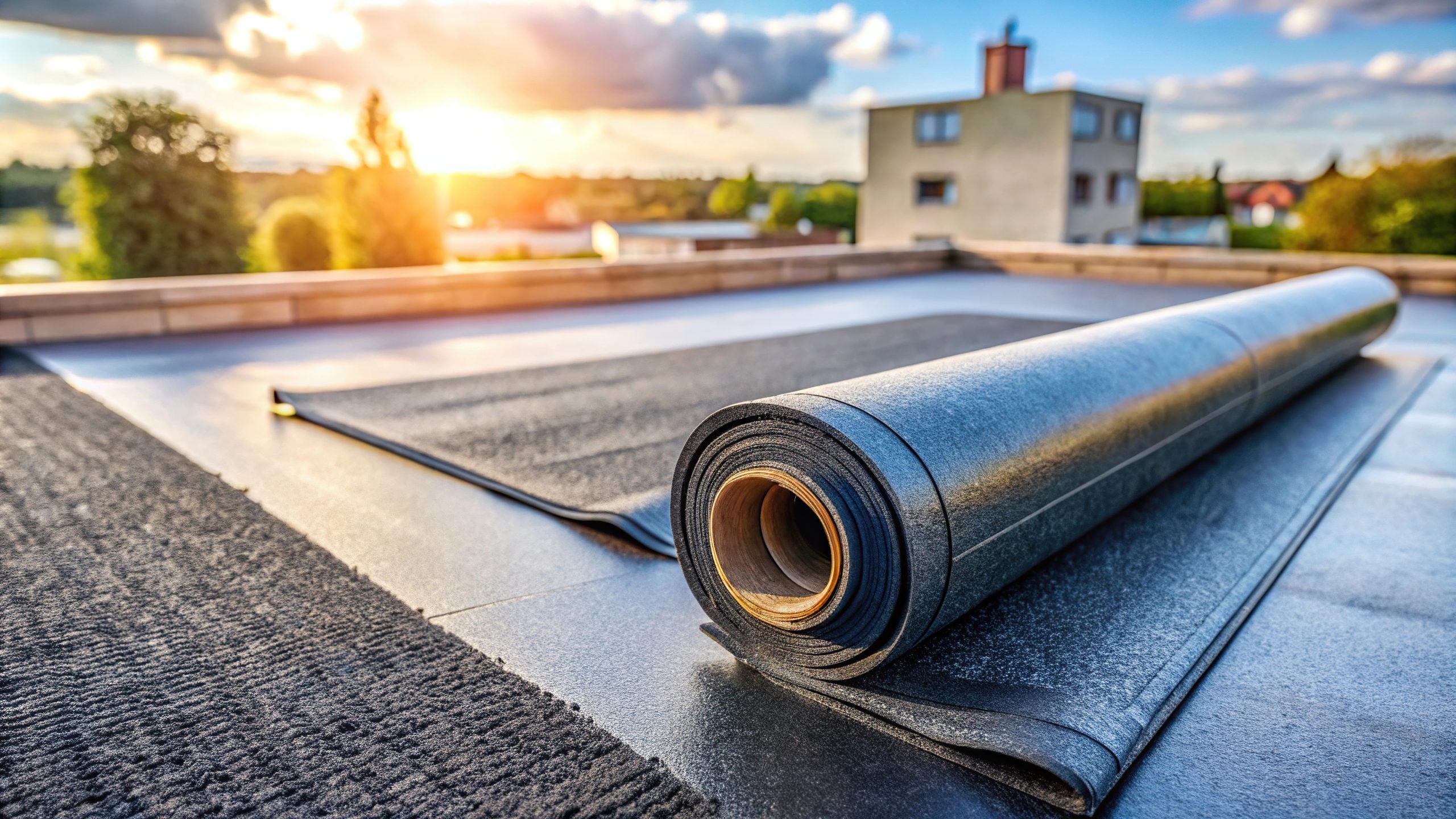 A rolled-up sheet of black roofing material lies on a flat rooftop under a vibrant sunset. Buildings and trees are visible in the background, creating a serene urban landscape.